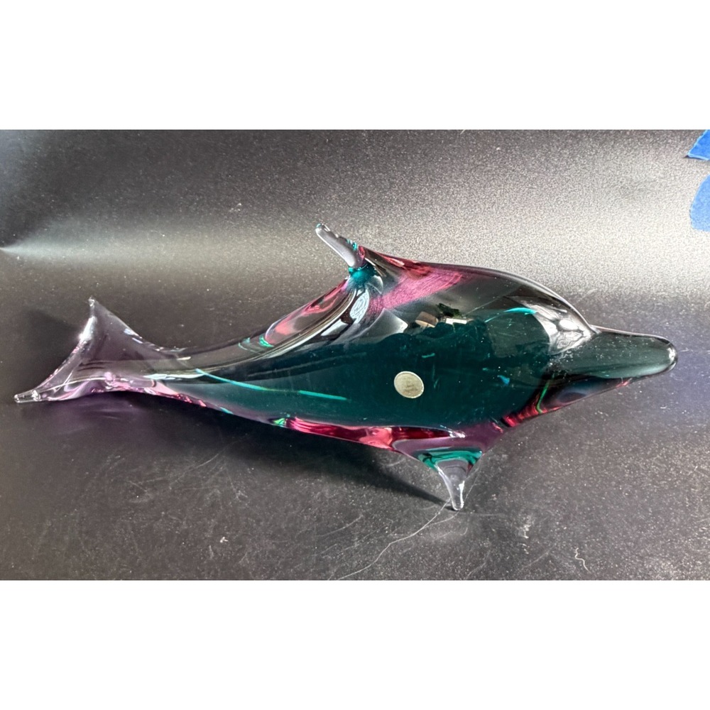 Vintage Czech Neodymium Art Glass Dolphin Color Change Teal $ Purple 13" #135